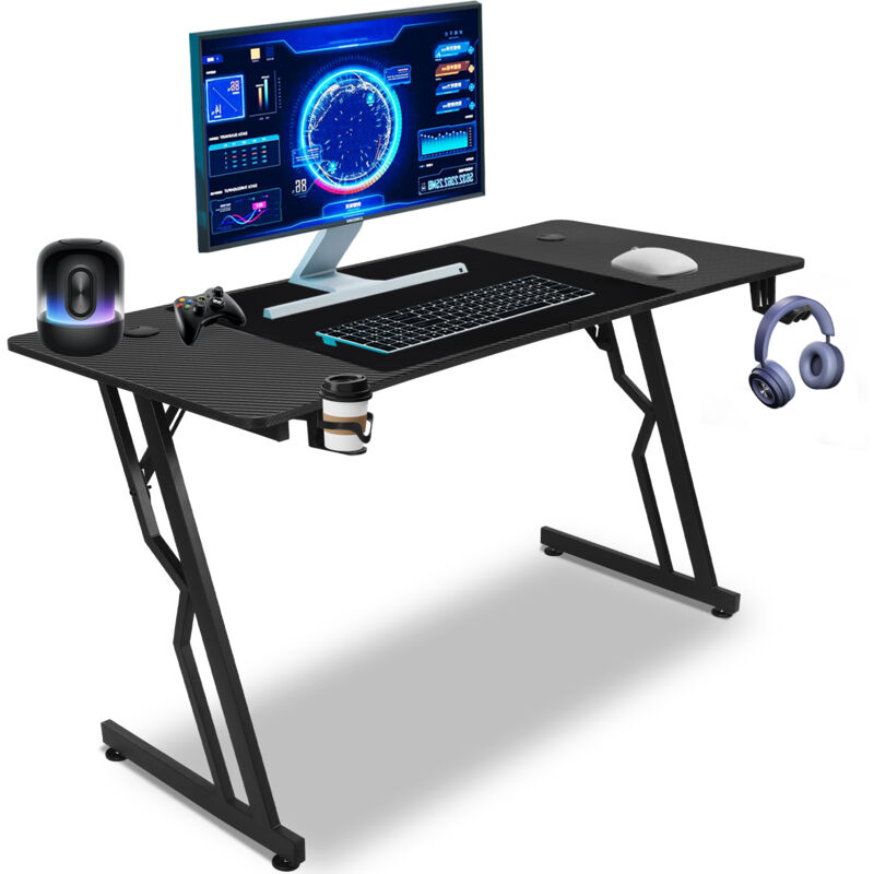 Wolketon Bureau Gaming 140 x 60cm Grande Bureau Gamer avec Un Plateau en Fibre de Carbone, Bureau Informatique Ergonomique avec Tapis de Souris,
