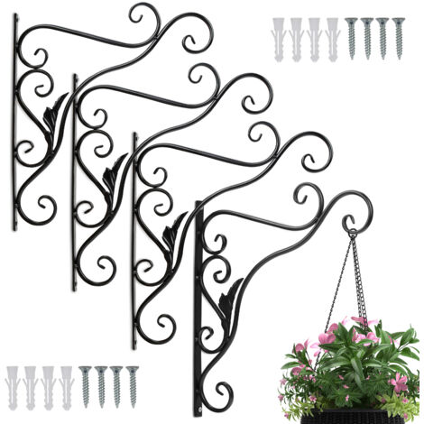 Wolketon Crochet pour Panier Suspendu de Balcon - Lot de 4 - Motif de Feuille - Support Mural en Métal Noir pour Plantes d'Extérieur