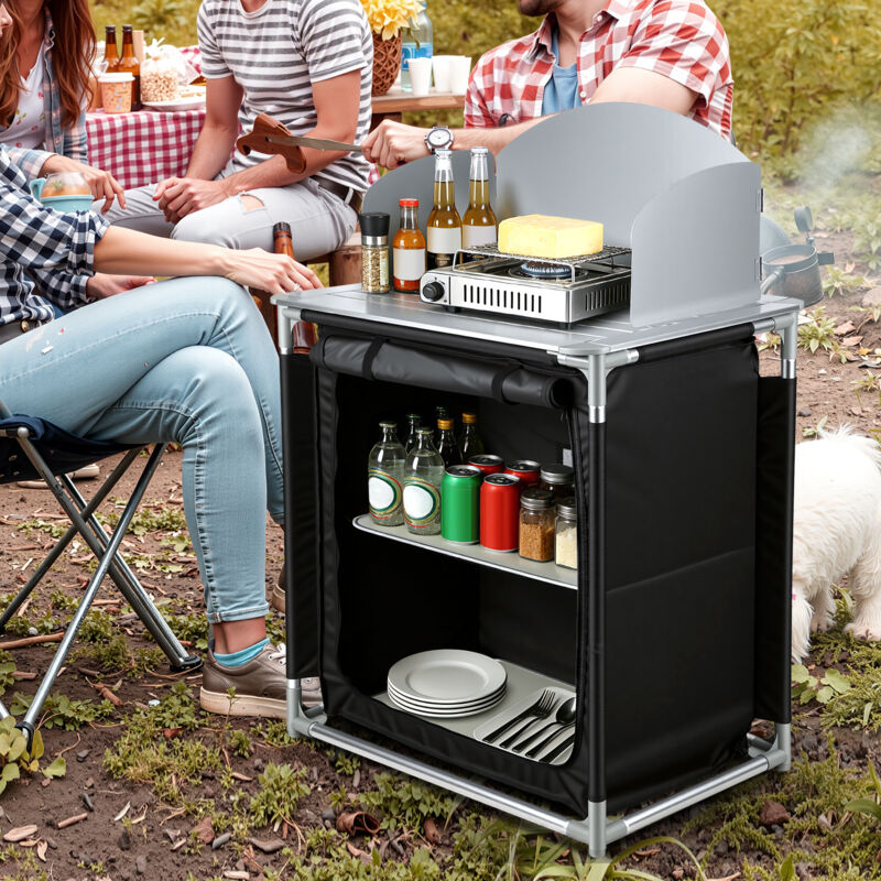 Wolketon Cuisine de camping avec 2 tiroirs, table de cuisine d'extérieur avec plan de travail et rebord en aluminium, coffre de camping stable 80 x
