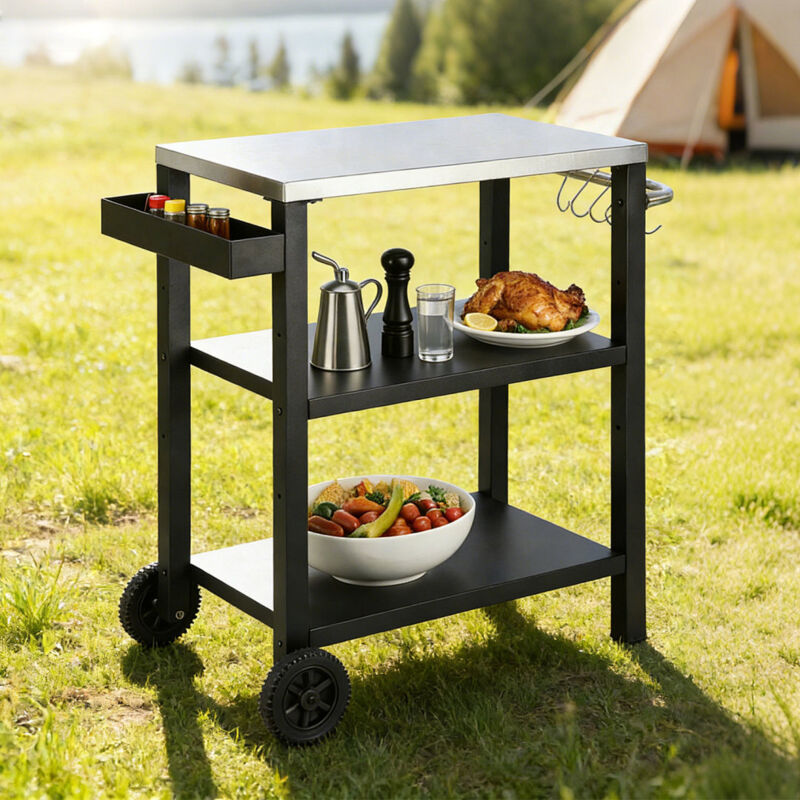 Wolketon Desserte Extérieure à roulettes à 3 Étagères, Chariot de barbecue mobile avec Support Porte-épice, 67,5 × 41 cm, noir