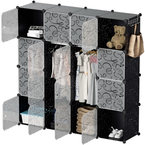 Wolketon DIY Kleiderschrank Regalsystem Schuhregal 16 Würfel Garderobe aus Kunststoff, 140x140x35cm Schwarz und weiß