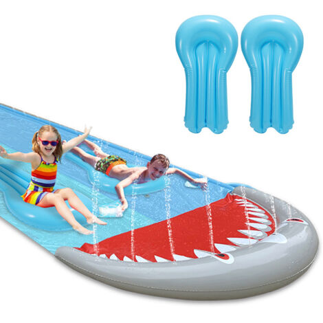 Wolketon Doppel-Wasserrutsche 550x145cm mit 2 Bodyboards, Sprinkler & Aufblasbarem Aufprallschutz, Faltbar für Garten & Rasen