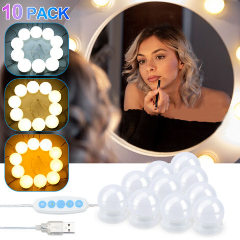 Wolketon Lampada da specchio per trucco, 10 lampadine per tavolo da trucco USB con interruttore, 3 colori, bianco, con adattatore 10W