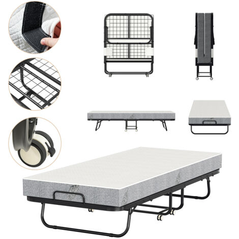 Wolketon Lit Pliant avec Matelas de 10 cm, Cadre de Lit en Métal Robuste en Forme de U, 4 Roues Universelles, Rangement Facile, pour Bureau et Pièce de Rechange