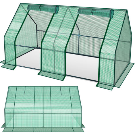 Wolketon Mini Gewächshaus 180x90x90cm Foliengewächshaus für draußen Treibhaus mit Reißverschluss und 2 Fenstern Gitternetzfolie Grün