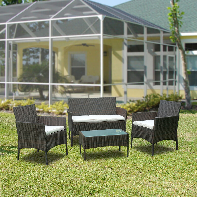 Wolketon - Polyrattan Lounge Sitzgruppe für 4 Personen inkl. Sitzpolster und Tisch, Braun, Komfortabel Gartenmöbel Terrassenmöbel für Balkon, Garten,