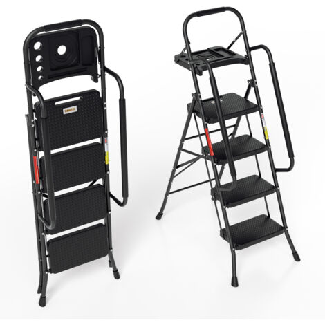 Wolketon Scala pieghevole a 4 gradini con pedale antiscivolo, scala pieghevole fino a 150 kg, braccioli estraibili in acciaio
