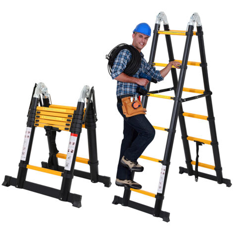 Wolketon Scala telescopica Alu nero Scala pieghevole 1,9M+1,9M A Scala a telaio con barra di sostegno Scala in alluminio Estensibile Scala scorrevole Antiscivolante Scala multiuso Carico fino a 150 kg
