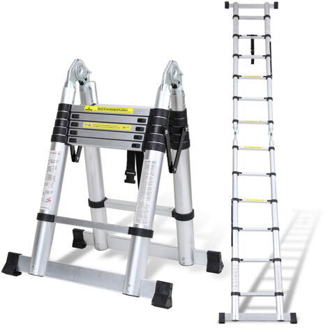Wolketon Scala telescopica in alluminio 1.9m+1.9m Silver senza gancio Con stabilizzatore Con ruote carico massimo 150 kg