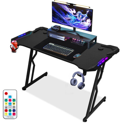 Wolketon Scrivania da gioco a LED, 120 x 60 cm, scrivania da gioco grande con piano in fibra di carbonio, nero