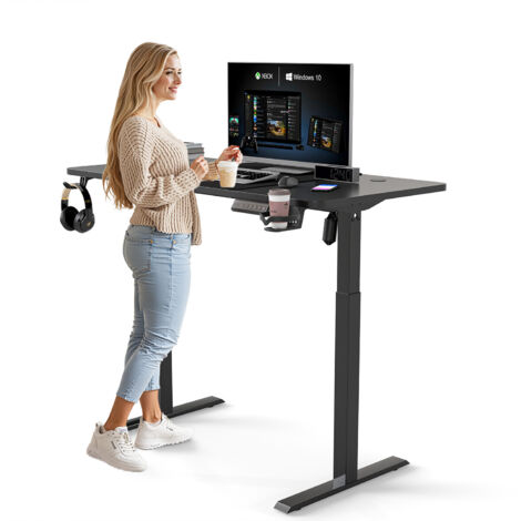 Wolketon Scrivania elettrica regolabile in altezza 140x60 cm con piano – motore singolo invertito, struttura 2 sezioni 55x55 mm, scrivania sit-stand nera