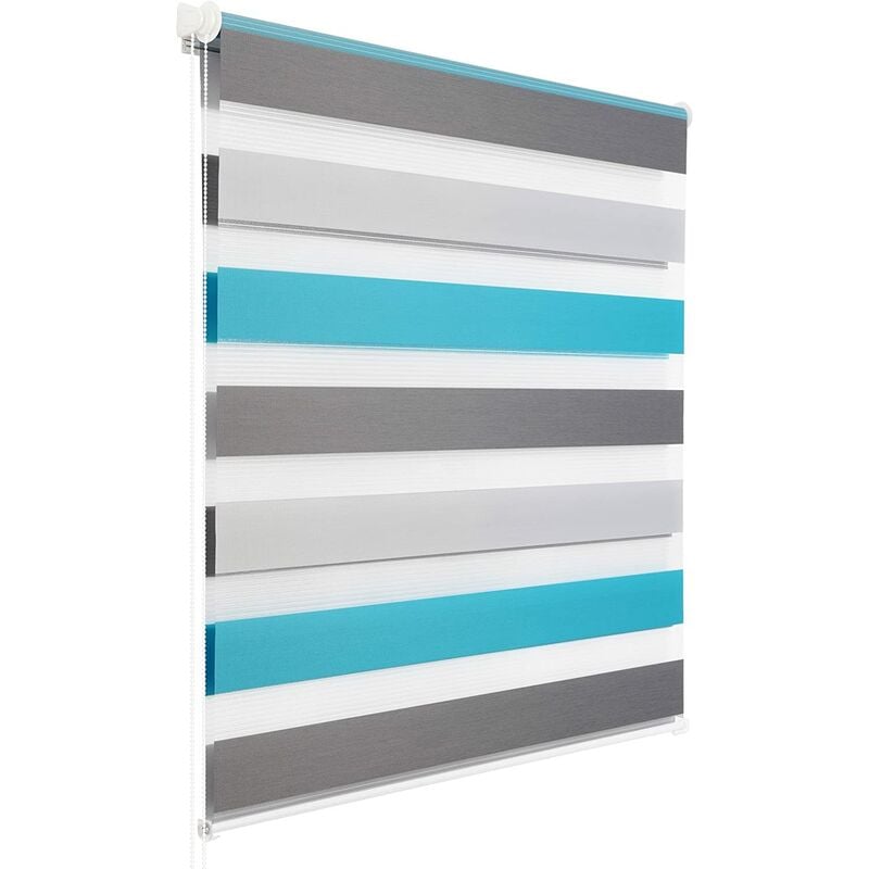 Woltu - 1 pièce Store Enrouleur Double, Fixation Rapide sans perçage, Isolant Thermique, 45x150cm, Blanc+Gris+Turquoise DR5619m1