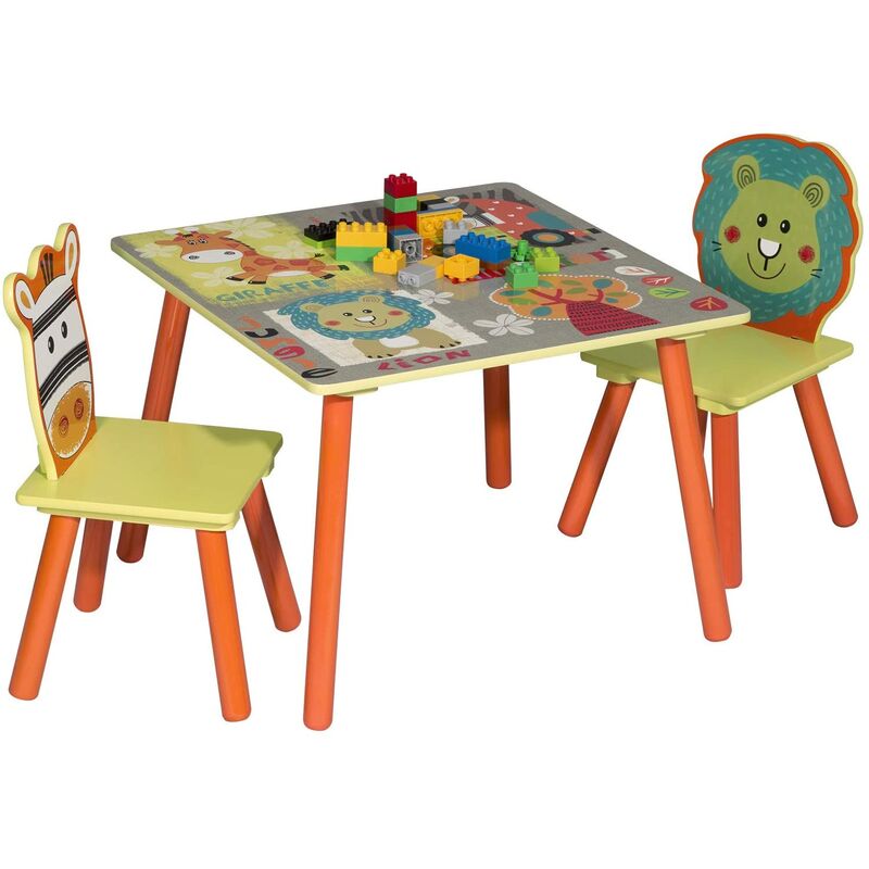 1 table et 2 chaises enfant en mdf.60x60x44cm.motif animaux cartoons - woltu