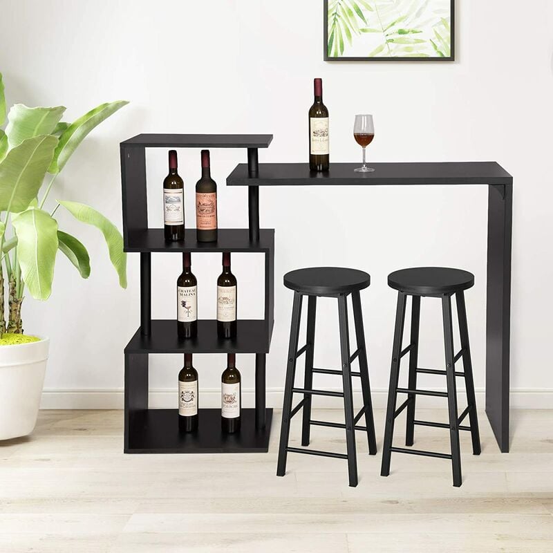 Woltu - Table de Bar Rotatif avec 3 tablettes + 2 x Tabourets de Bar Structure en métal Plateau en mdf, Noir