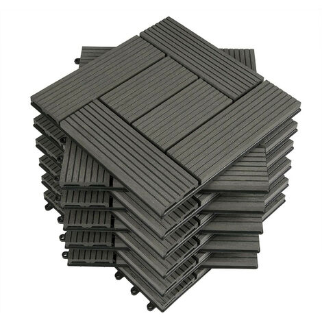 WOLTU 11 Stück WPC Terrassenfliesen Holzoptik, Fliese klicksystem Terrassendielen Bodenfliese Klickfliese Bodenbelag (1 m²) Grau