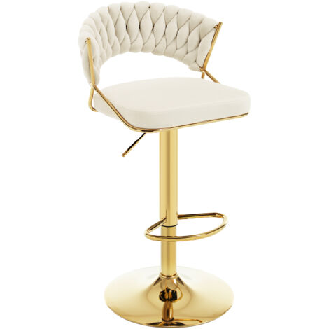 WOLTU 1x Barhocker, Barstühle höhenverstellbar, 360° Drehstuhl, Küchenhocker mit geflochtener Rückenlehne Fußstütze, Tresenhocker aus Samt und Metall, Creme