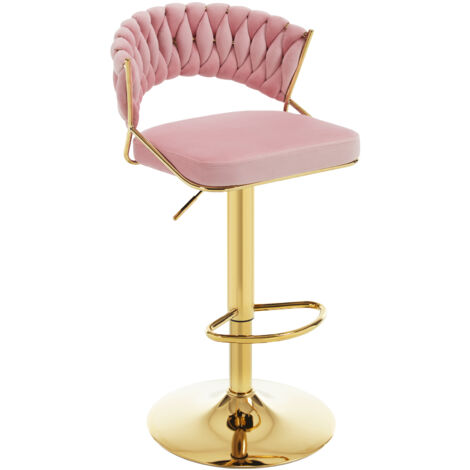 WOLTU 1x Barhocker, Barstühle höhenverstellbar, 360° Drehstuhl, Küchenhocker mit geflochtener Rückenlehne Fußstütze, Tresenhocker aus Samt und Metall, Rosa