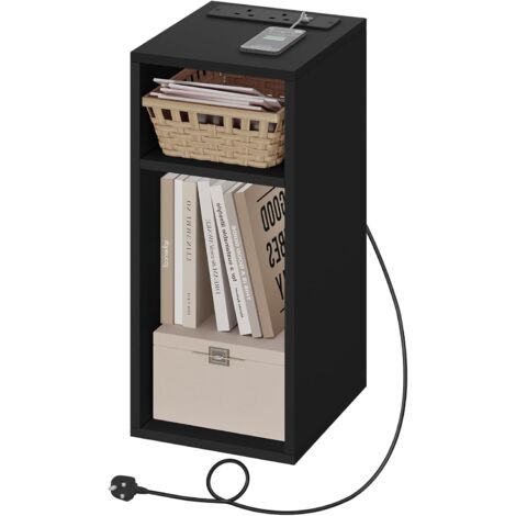 WOLTU 1x comodino con prese di ricarica, 2 porte USB, 2 prese, 2 scomparti aperti, tavolino portaoggetti, nero