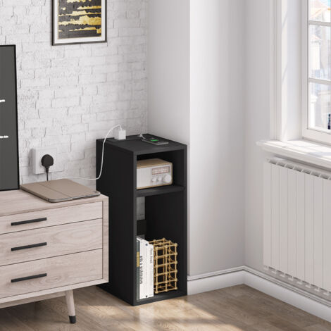 WOLTU 1x Nachttisch, Beistelltisch mit Ladefunktion Couchtisch mit 2 Steckdosen, 2 USB-Anschlüssen, Stauraum, 2 offene Fächer, für Schlafzimmer, Wohnzimmer 25x30x60cm, Schwarz