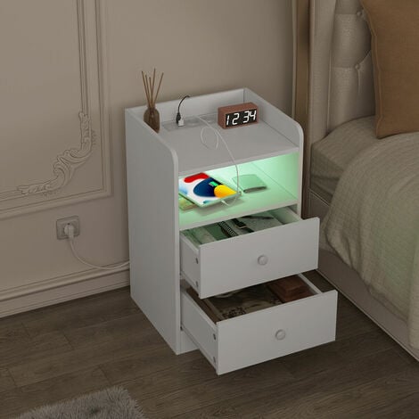 WOLTU 1x Nachttisch mit 2 Schubladen offenem Fach und LED-Licht Nachtkommode Hochglanz Beistelltisch mit 2 Steckdosen 2 USB Nachtschrank für Wohnzimmer Schlafzimmer 40x35x64cm, Weiß