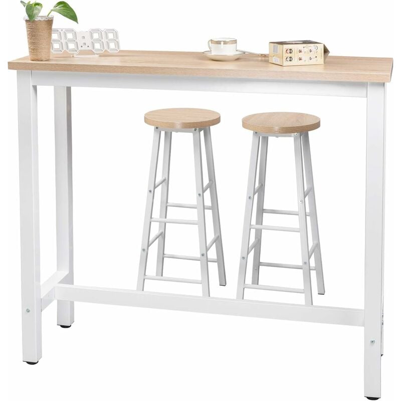 Woltu - 1xTable de Bar + 2xTabourets de Bar en mdf et métal, Ensemble de Meuble de Salle à Manger 120x40x100cm, Chêne Clair