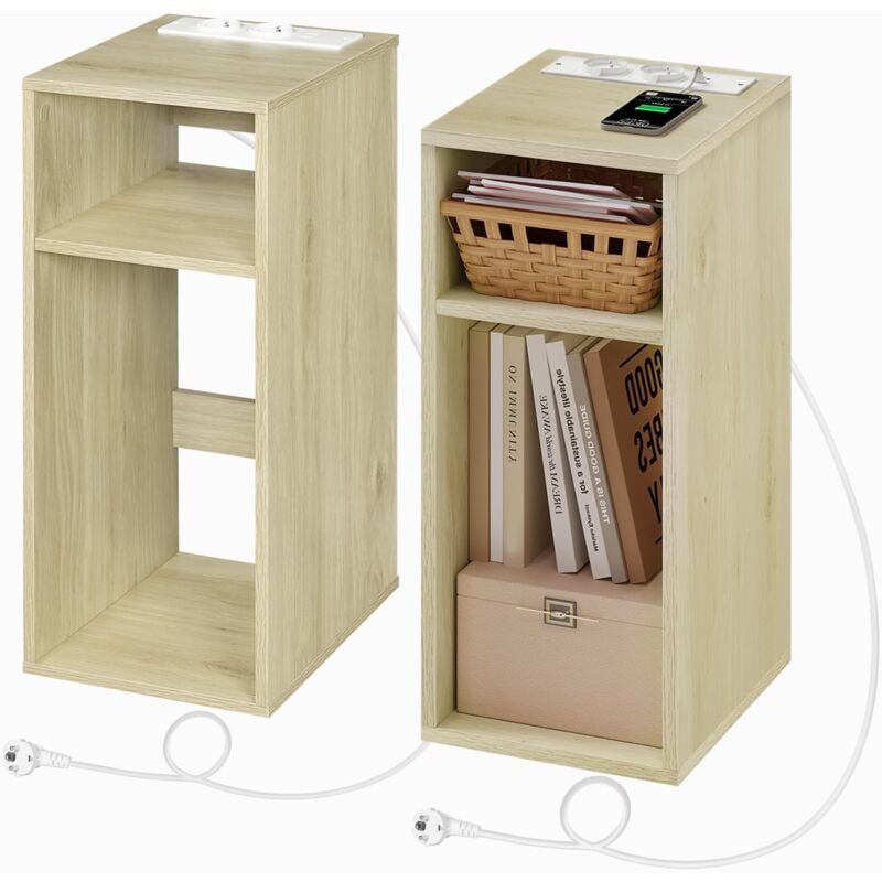 Woltu - Lot de 2 Table de Chevet avec Station de Charge Table d'appoint avec Prise, 2 Ports USB+2 Prises, 25x30x60cm, Couleur Grain Bois Clair
