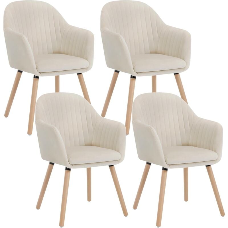 Woltu - Lot de 4 Chaises de salle à manger Chaise de Cuisine - Siège en velours - Pieds en bois massif - Crème