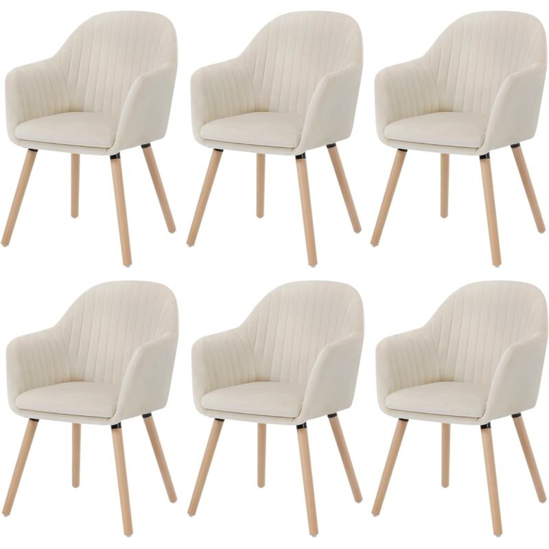 Woltu - Lot de 6 Chaises de salle à manger Chaise de Cuisine - Siège en velours - Pieds en bois massif - Crème