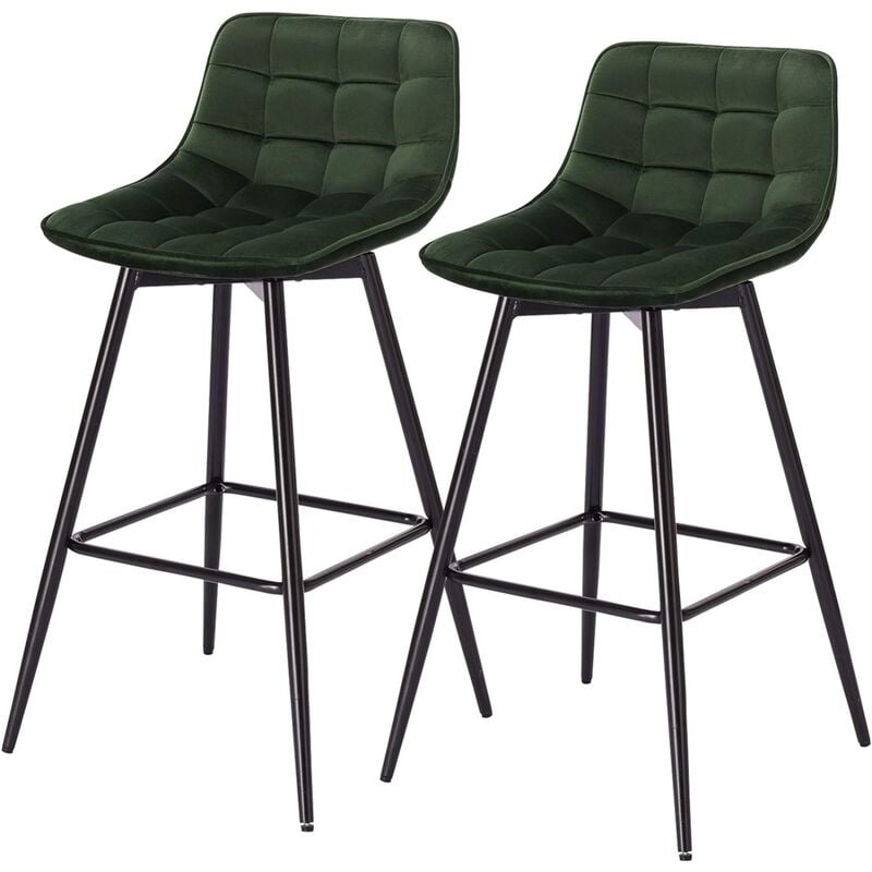 Woltu - 2 x Tabouret de Bar 43 x 35, 5 x 88cm, Chaise de Bar Assise en Velours et Pieds en métal, avec Pieds et Repose-Pieds , Vert Foncé