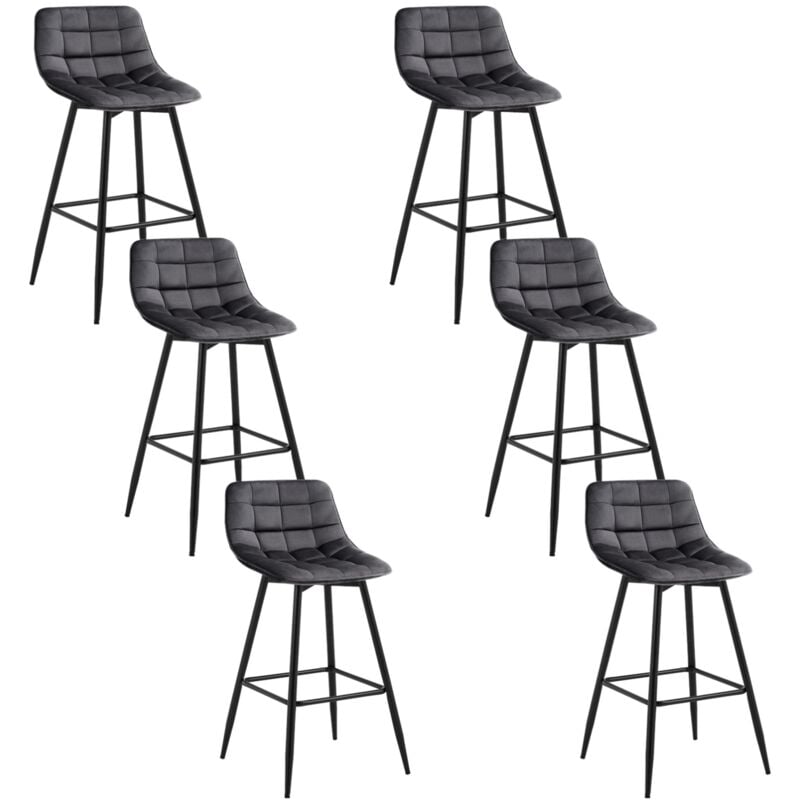 Woltu - Lot de 6 Tabourets de bar avec repose-pieds Tabouret pour bar/bistro, Siège en velours, Pieds en métal, Gris Foncé