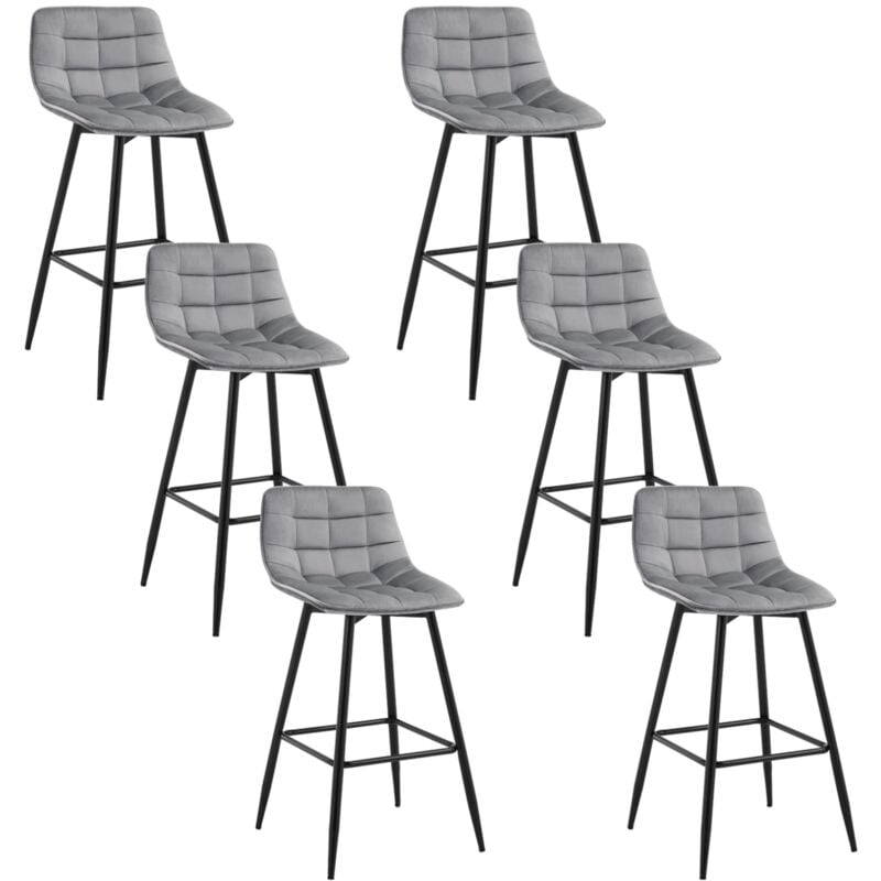 Lot de 6 Tabourets de bar avec repose-pieds WOLTU, Tabouret pour bar/bistro, Siège en velours, Pieds en métal, Gris Clair