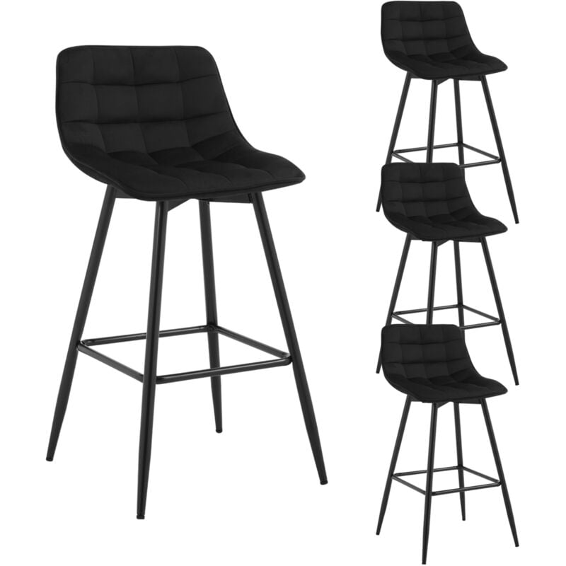 Woltu - Lot de 4 Tabourets de bar avec repose-pieds Tabouret pour bar/bistro - Siège en velours - Pieds en métal - Noir