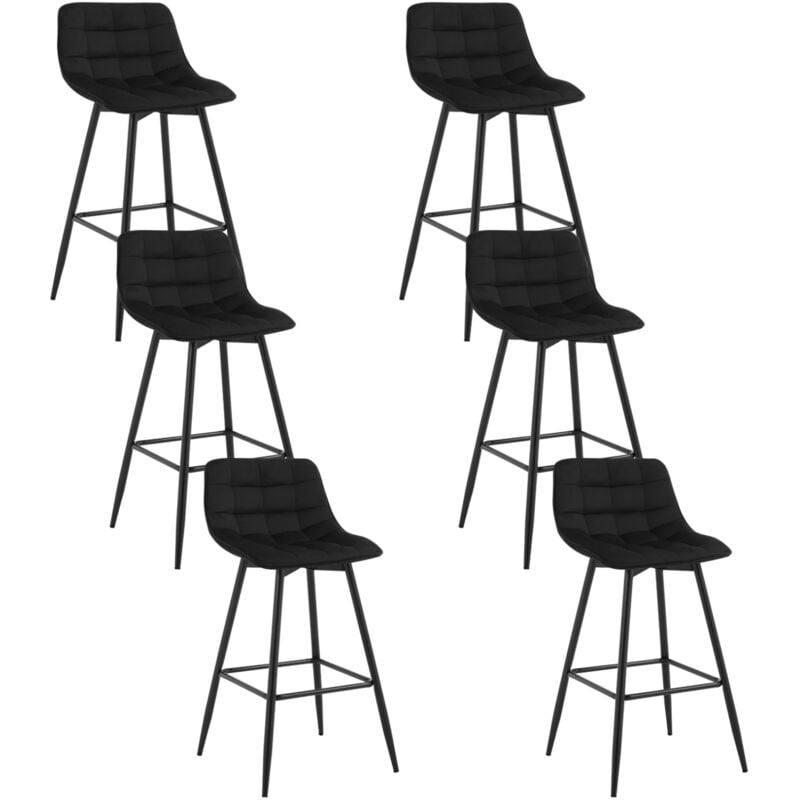 Woltu - Lot de 6 Tabourets de bar avec repose-pieds Tabouret pour bar/bistro, Siège en velours, Pieds en métal, Noir