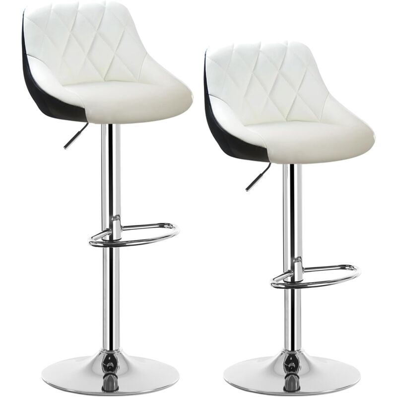Tabouret de Bar Lot de 2 avec siège Bien rembourré en Similicuir, Hauteur réglable, Blanc Noir - Woltu