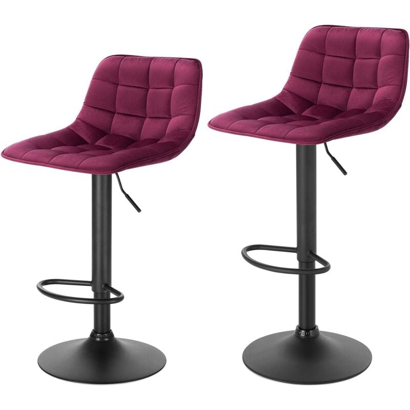 2 x Tabourets de Bar en Velours et métal, Tabouret de comptoir réglable et Rotatif, Chaise de Bar, Bordeaux - Woltu