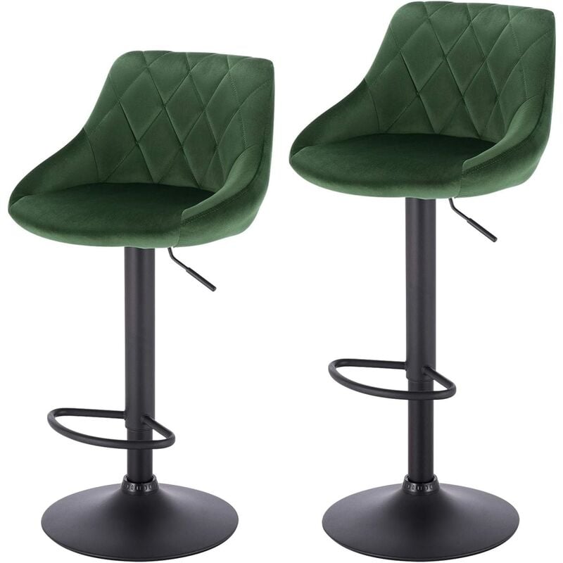 Lot de 2 Tabourets de Bar en Velours + métal Woltu tabourets de Cuisine Hauteur réglable, Vert Foncé