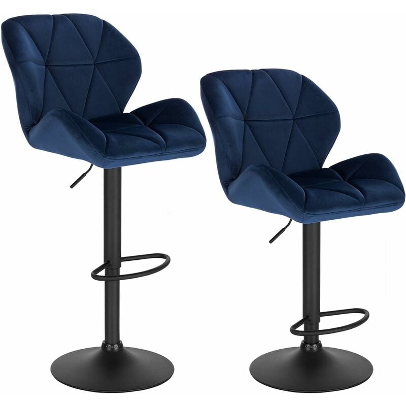 Woltu - 2 x Tabourets de Bar siège en Velours + métal, Chaise Haute pour Bar réglable en Hauteur, avec Dossier, Bleu