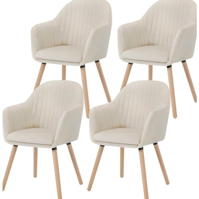 Woltu - Lot de 4 Chaises de salle à manger en velours - Chaise pour cuisine salon café - Pieds en bois massif - Crème