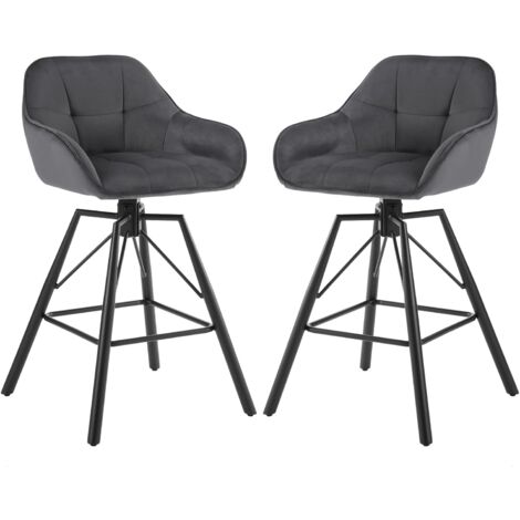 WOLTU 2x Taburetes de Bar de Terciopelo y Cuero Patas de Metal con reposabrazos y Respaldo Taburetes de Cocina Giratorios para Desayuno Silla Nueva Gris Oscuro