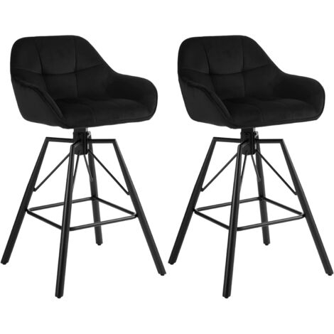 WOLTU 2x Taburetes de Bar de Terciopelo y Cuero Patas de Metal con reposabrazos y Respaldo Taburetes de Cocina Giratorios para Desayuno Silla Nueva Negro