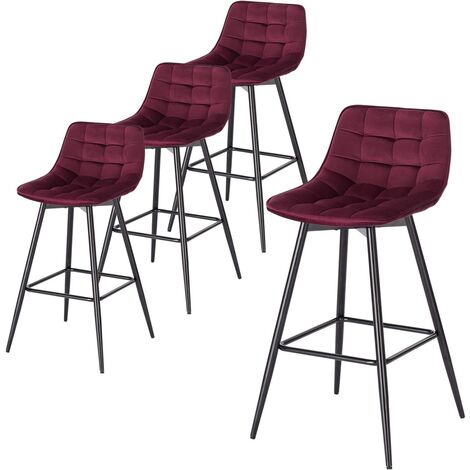 WOLTU 4 X Tabouret de Bar 43 x 35, 5 x 88cm, Chaise de Bar Assise en Velours et Pieds en métal, avec Pieds et Repose-Pieds , Bordeaux
