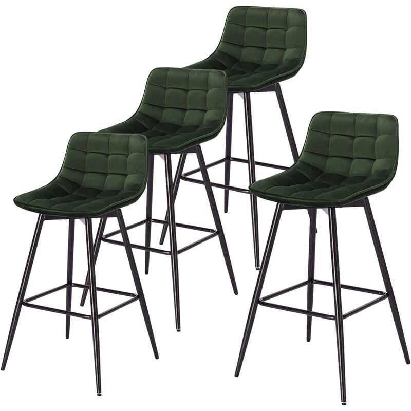 Woltu - 4 x Tabouret de Bar 43 x 35, 5 x 88cm, Chaise de Bar Assise en Velours et Pieds en métal, avec Pieds et Repose-Pieds , Vert Foncé
