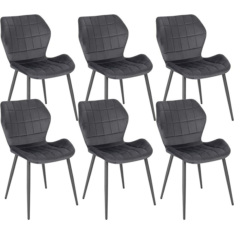Woltu - Lot de 6 Chaises Salle à Manger Chaise de Cuisine en Velours, Assise Rembourrée, Pieds en Métal, Gris Foncé