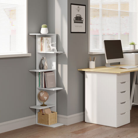 WOLTU 6 Ebenen Bücherregal, Eckregal Büroregal, Standregal Aufbewahrungsregal, für Wohnzimmer Schlafzimmer Küche, aus Holzwerkstoff, 37x140x37 cm, Weiß