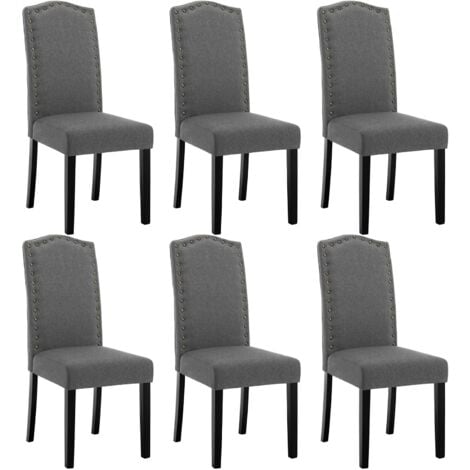 WOLTU 6 Pezzi Sedie per Sala da Pranzo con Schienale Alto. Sedie da Cucina con Gambe in Legno Massello. Sedie da Soggiorno Imbottite. Decorazione con Rivetti. in Lino. Grigio Scuro