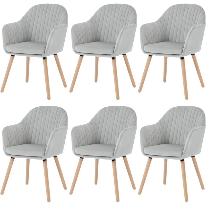 Woltu - Lot de 6 Chaises de salle à manger en velours Chaise pour cuisine, salon, café, Pieds en bois massif, Gris Clair