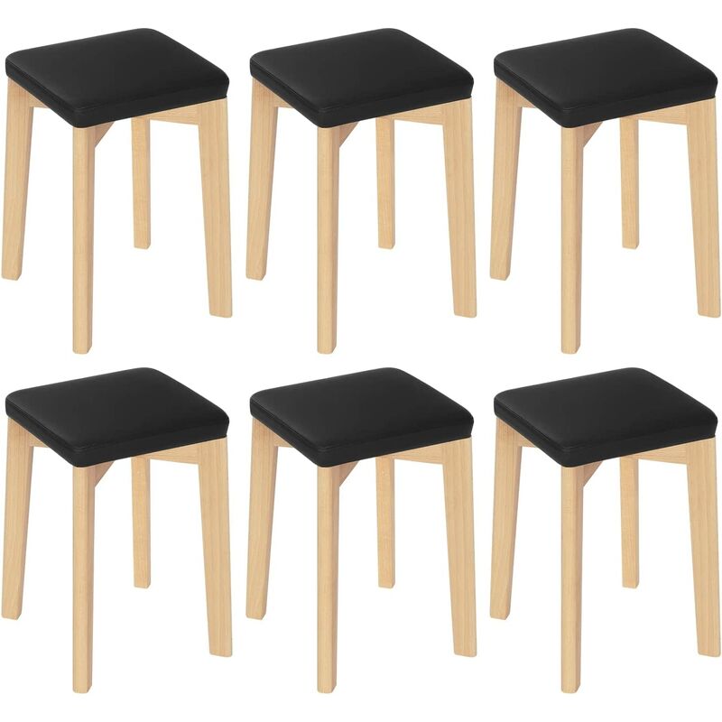 WOLTU 6x Tabouret en Bois Massif, Chaise de Cuisine, Siège Rembourré d’Éponge et PU, 32, 5x32, 5x47cm, Noir BH345sz-6