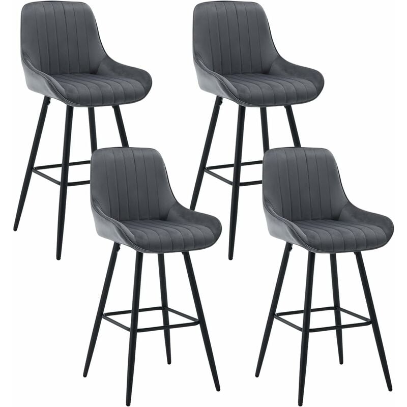 Woltu - Lot de 4 Tabourets de Bar Hauts avec Dossier Chaise Moderne avec Repose-Pieds, Siège en Velours, Pieds en Métal, Gris foncé