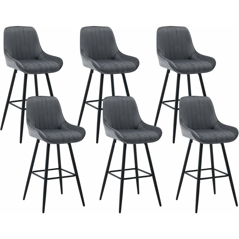 Woltu - Lot de 6 Tabourets de Bar Hauts avec Dossier Chaise Moderne avec Repose-Pieds, Siège en Velours, Pieds en Métal, Gris foncé