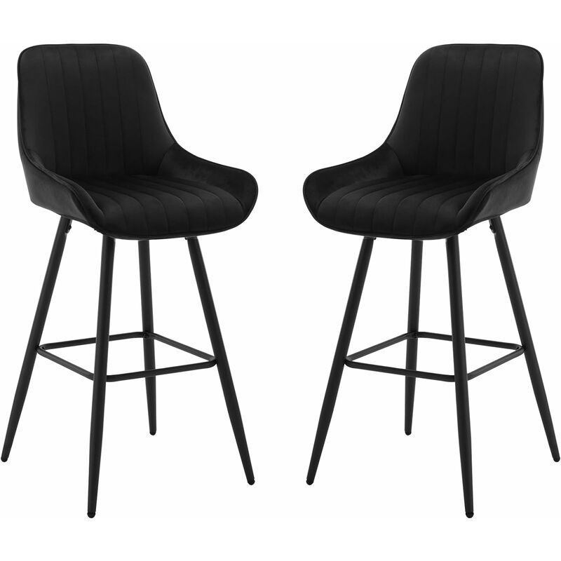 Woltu - Lot de 2 Tabourets de Bar Hauts avec Dossier Chaise Moderne avec Repose-Pieds, Siège en Velours, Pieds en Métal, Noir